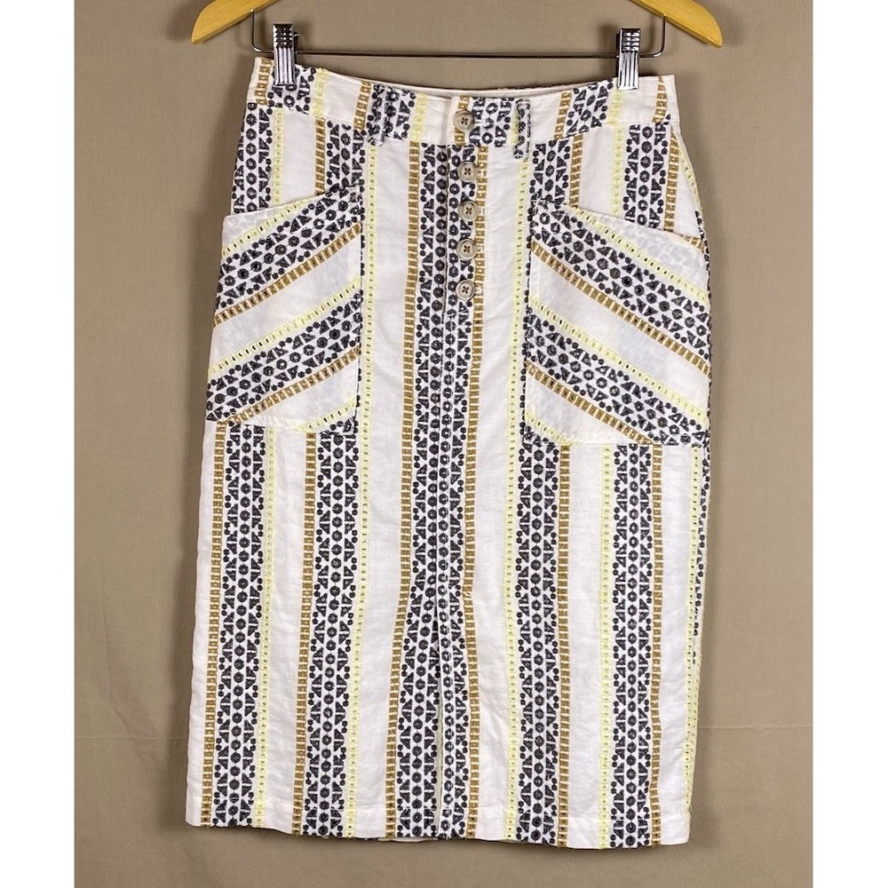 Anthropologie Quincy‎ Eyelet Pencil Skirt Linen Blend 2 Boho Chic Elevated Indie